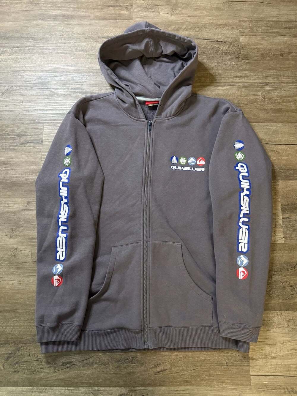 Quiksilver Zip Hoodie Gray Fleece Graphic Sleeves